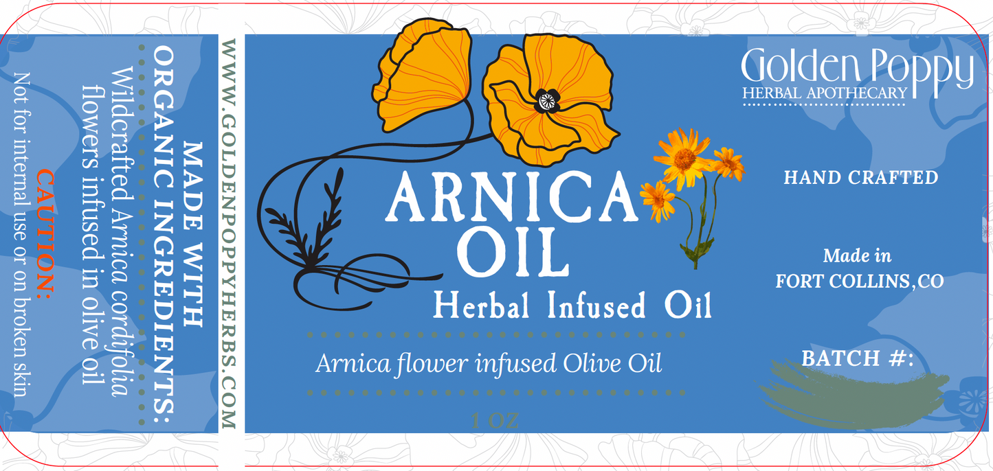 Arnica Flower Infused Olive Oil, Wildcrafted, 1oz bottle