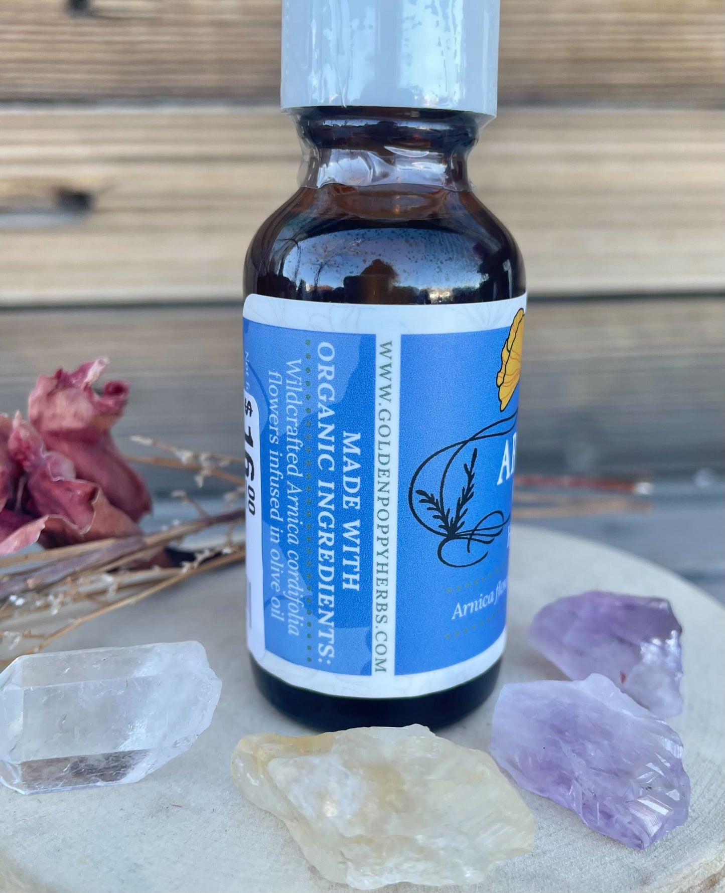 Arnica Flower Infused Olive Oil, Wildcrafted, 1oz bottle